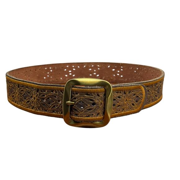 Lucky Brand Wide Belt Leather Embroidered Cutout SZ M Womens Brown Western Boho - Picture 2 of 11